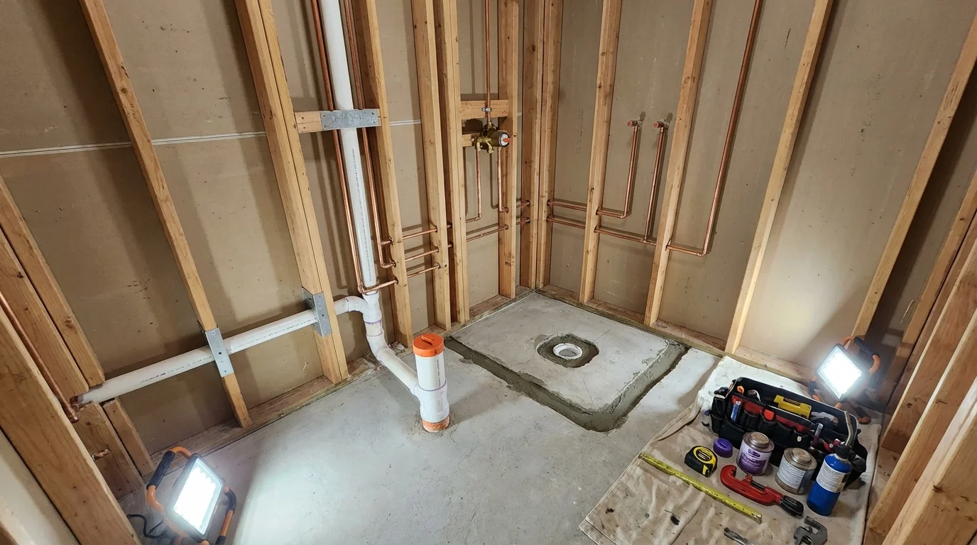 Bathroom rough-in plumbing during remodel by Johns Plumbing LLC in Compton