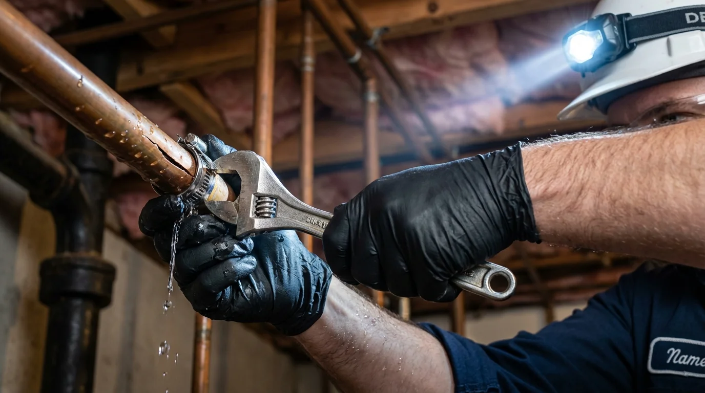 Emergency pipe clamp repair being performed by a Johns Plumbing LLC plumber in Compton