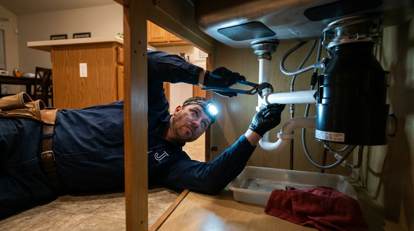 P-trap and supply line connections under a kitchen sink showing a common leak point in Compton, CA